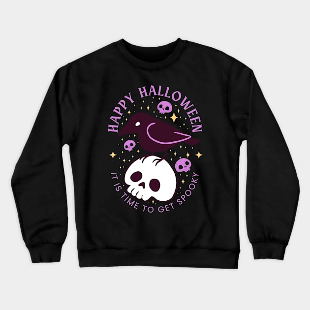 Happy halloween it is time to get spooky a cute crow on a skull Crewneck Sweatshirt by Yarafantasyart